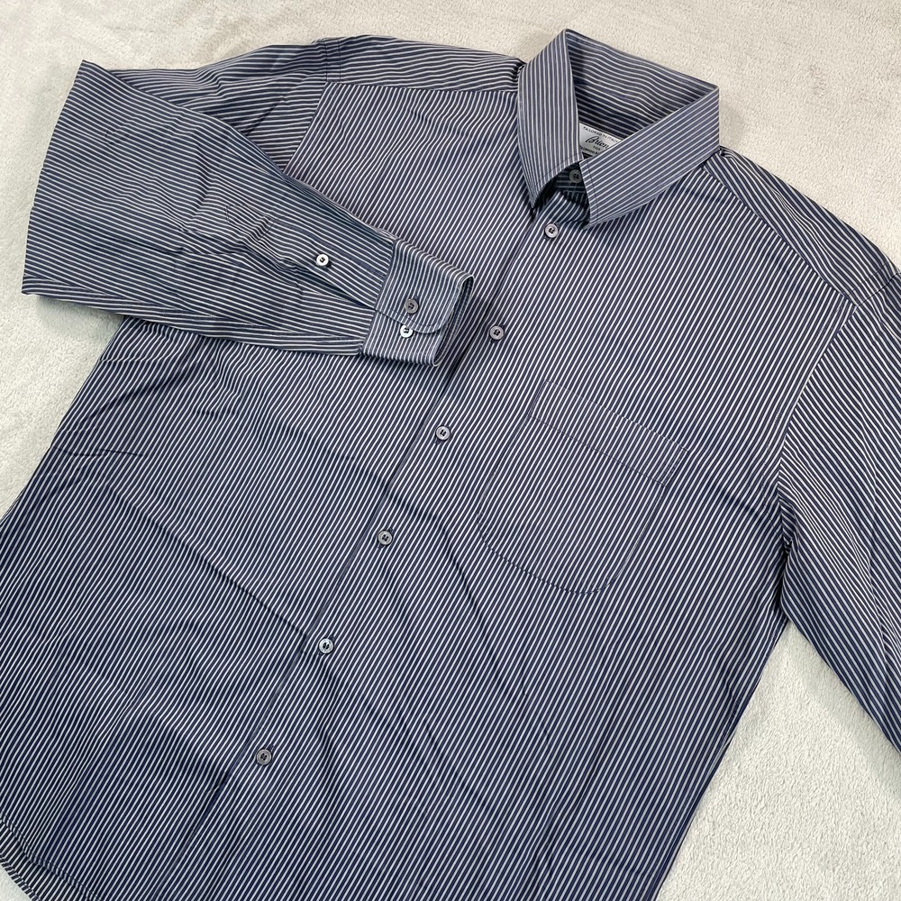 Brioni Shirt Men Large Grey Navy Blue Striped Mother of Pearl Buttons Italy Made